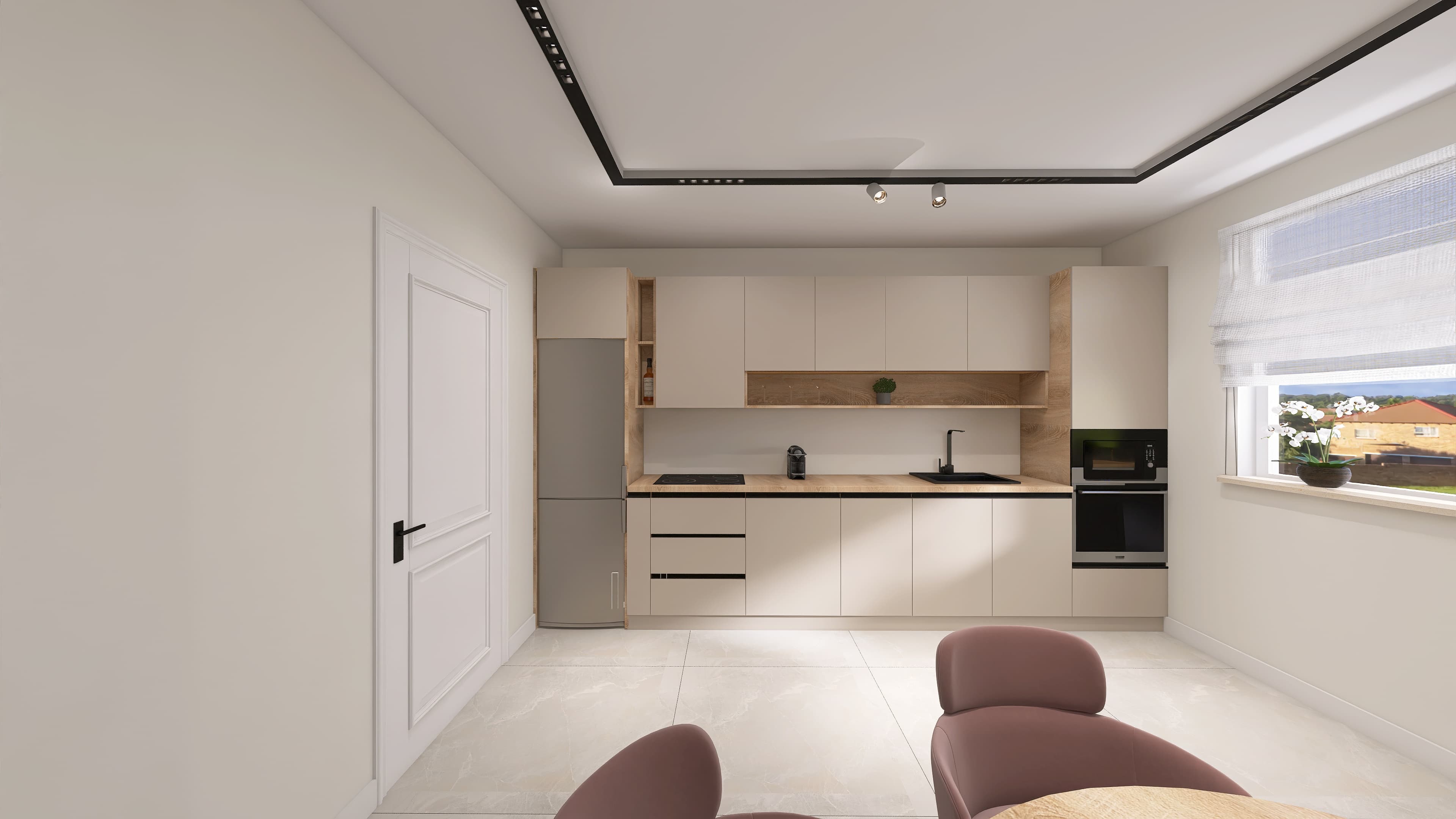 Clarisa — A continuous matt beige front, broken only once by the oak niche above the worktop.
