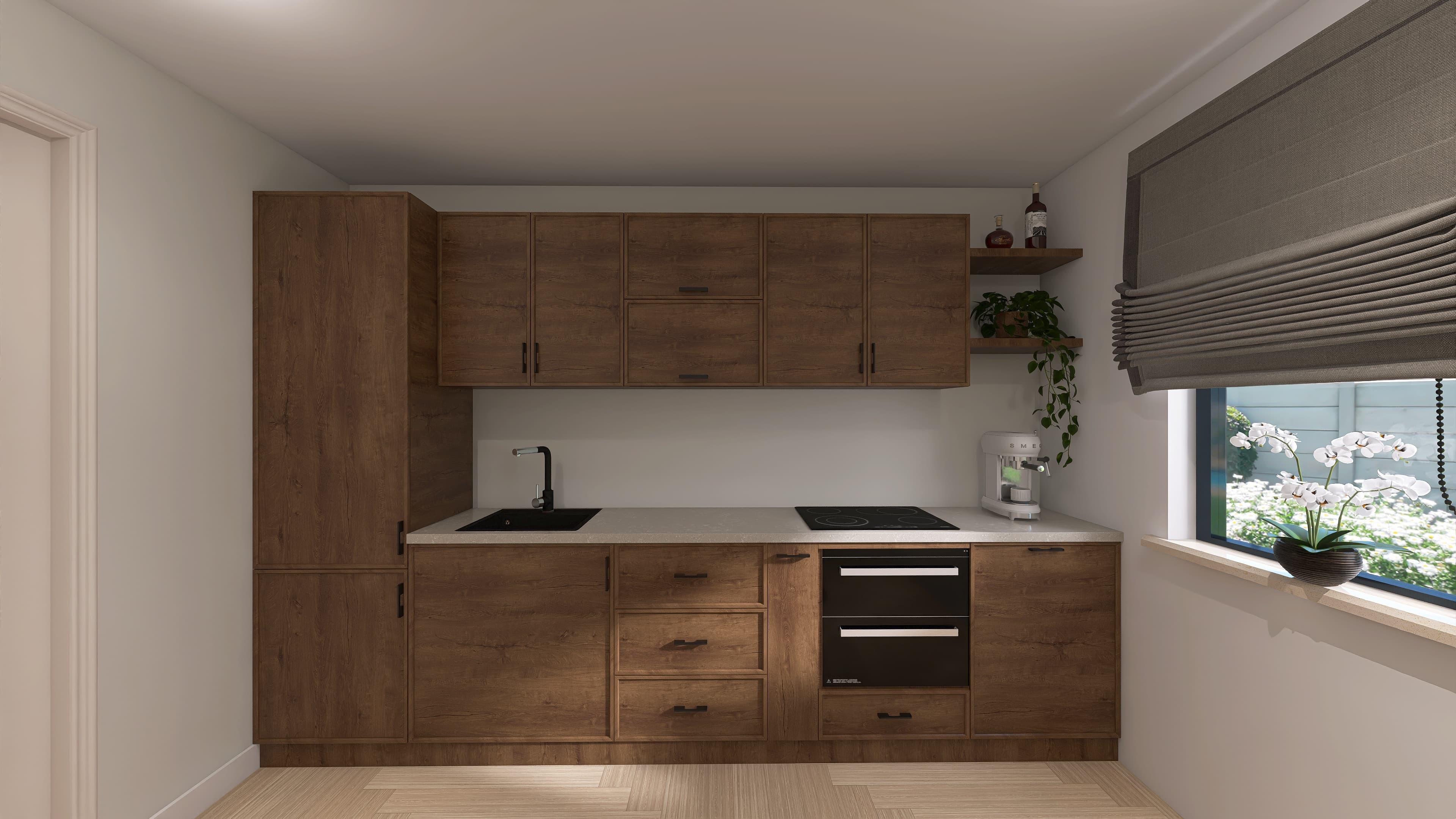 Kassandra — Dark walnut over the full height, cut by a light worktop that keeps the light in the room.