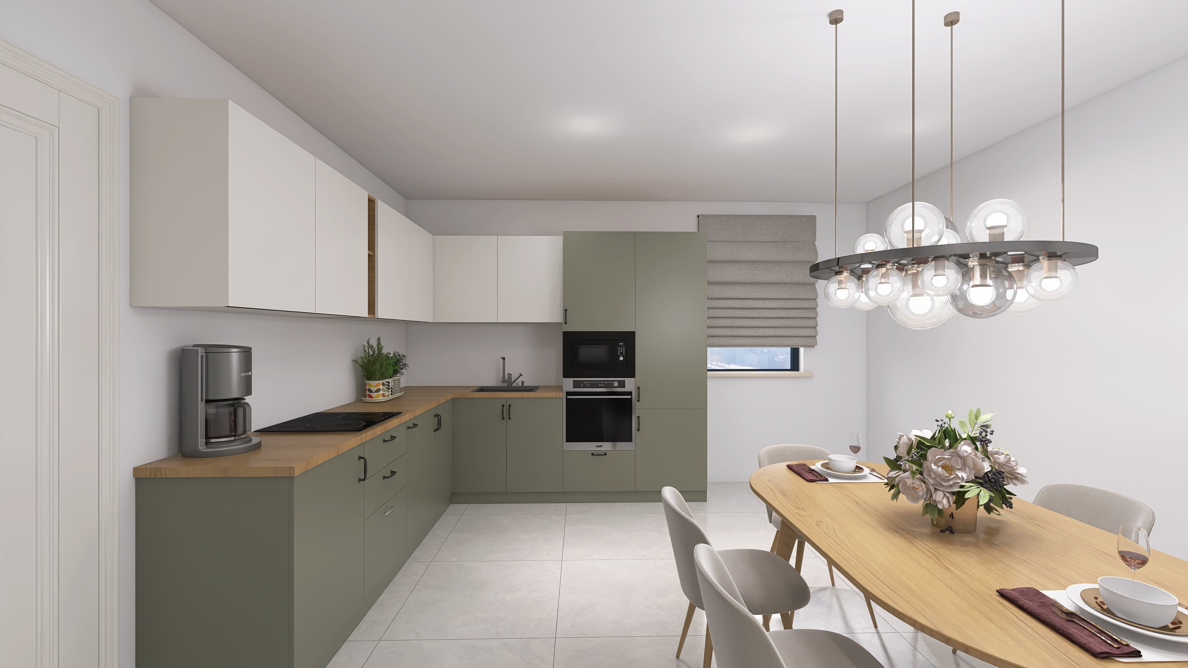 Liva — Matt sage green below, cream above, with a wooden worktop that carries the corner.