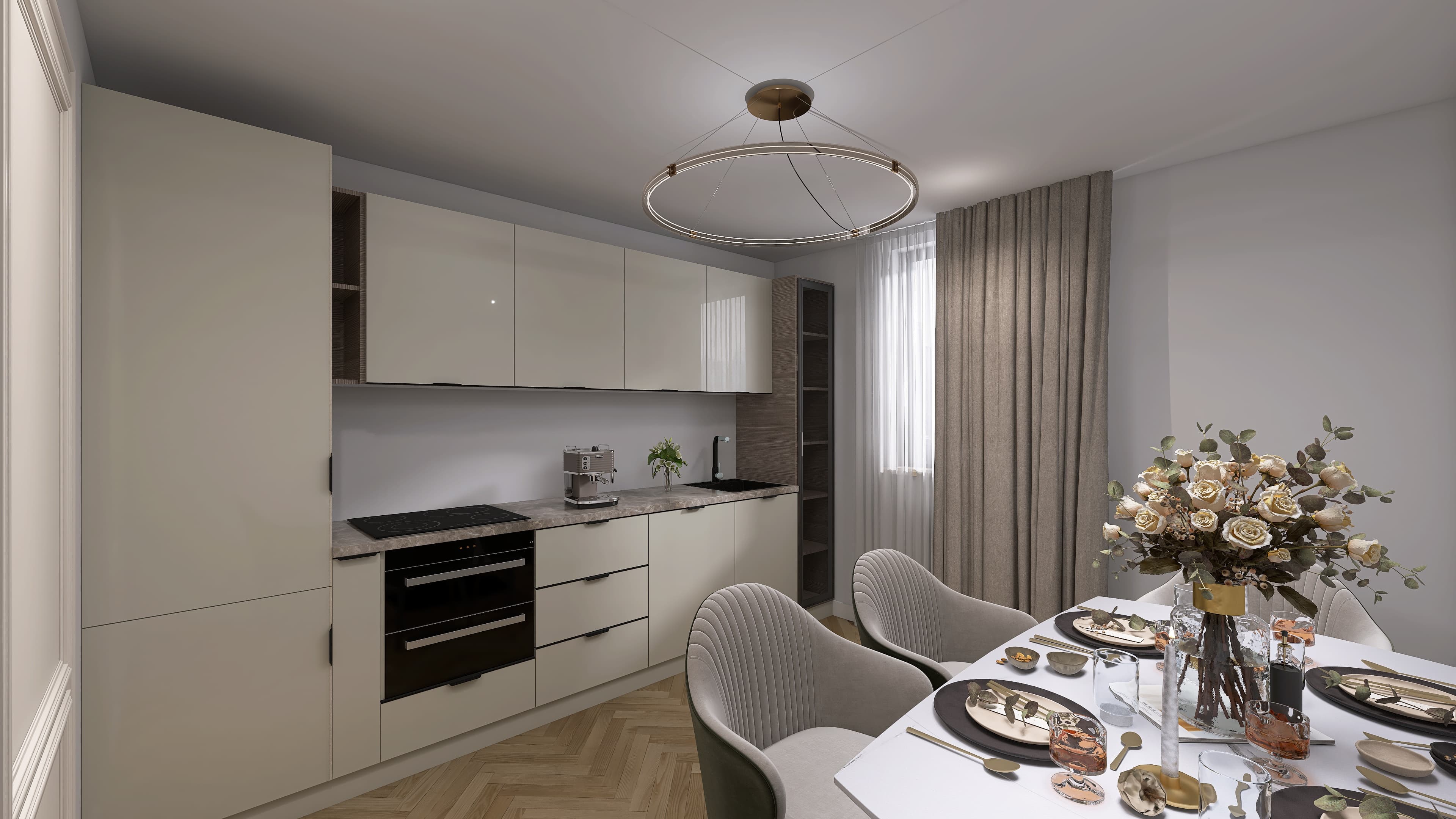Olympea — Cream fronts, gloss above and matt below, with textured wood accents and a veined worktop.
