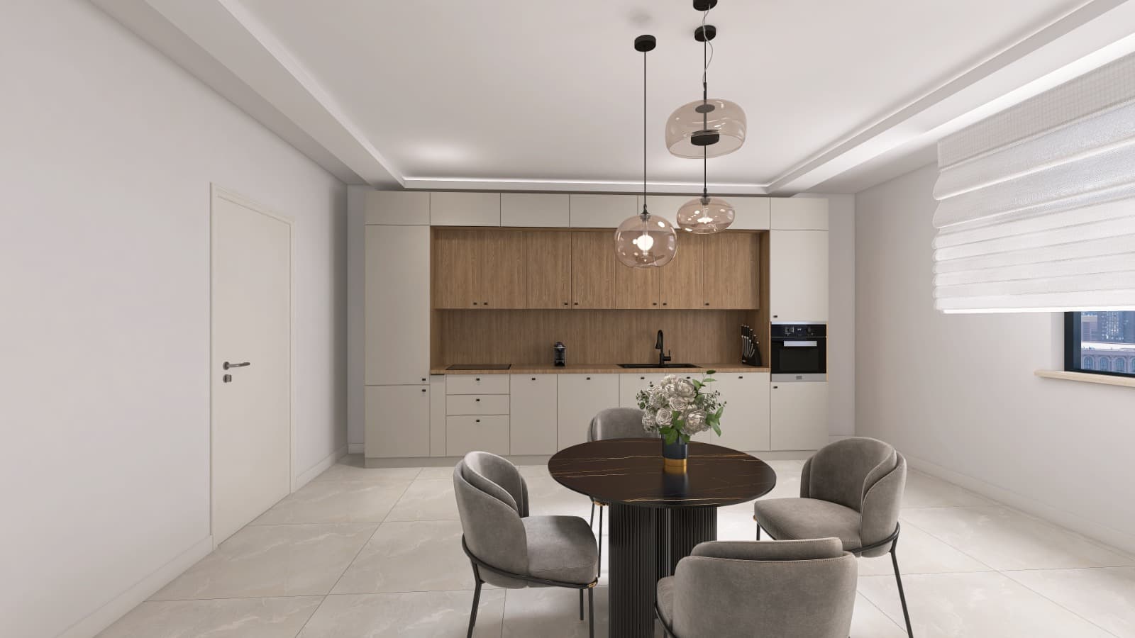 Solen — A single working line, light beige handleless fronts, with a wood niche and a wood backdrop that warm the wall.