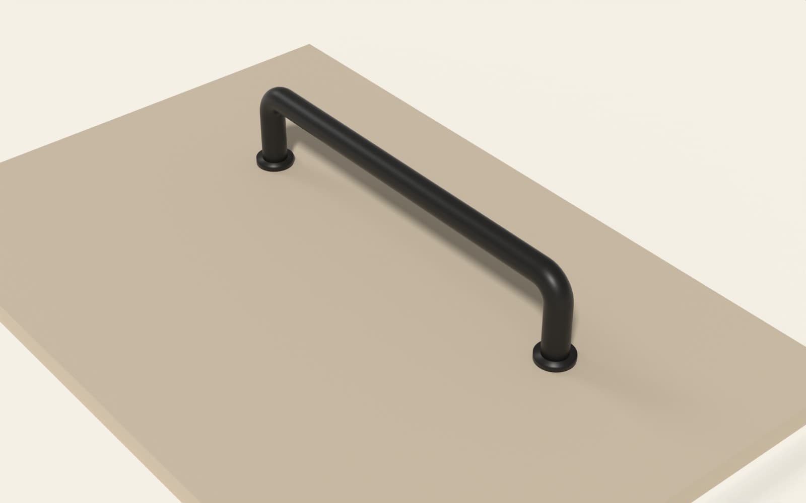 Zorya — An aluminium bar handle with a round section and ends bent towards the front, in matt black. Fitted horizontally on drawers and vertically on doors, in four lengths.