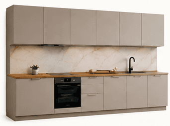 Cucina modulare standard LINIA345 — pensili e basi, piano di lavoro in legno e paraschizzi in marmo