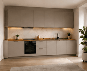 La stessa cucina modulare standard LINIA345, rappresentata in uno spazio arredato