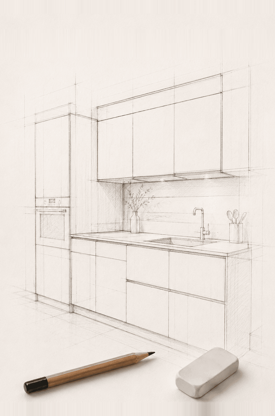 Schizzo iniziale per il concept di una cucina LINIA345